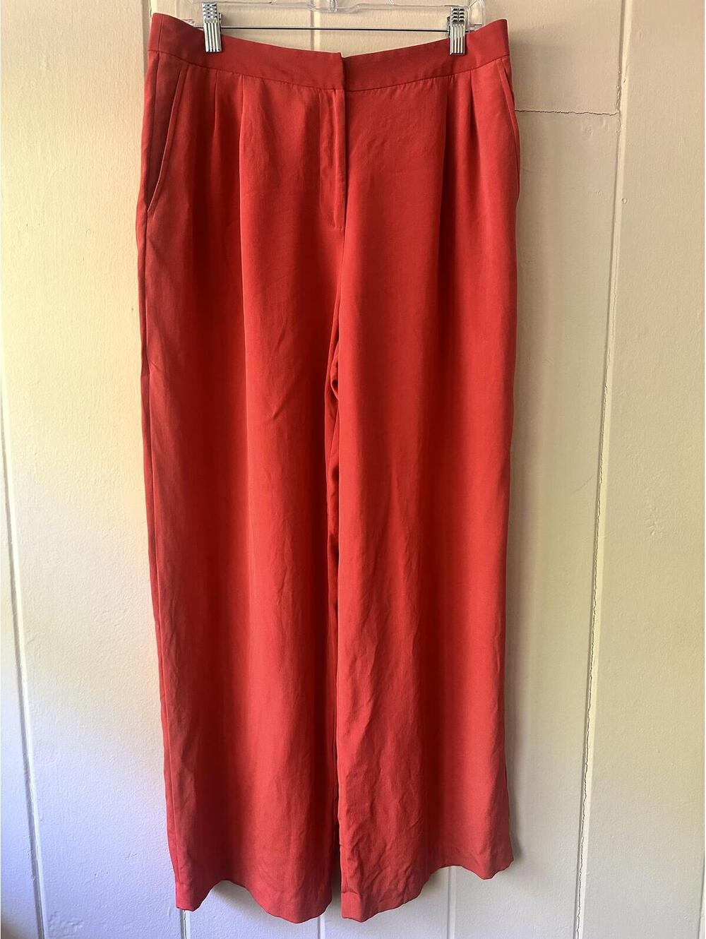 Josephine Chaus 100% Silk Tomato Red Pleated Wide Leg Pants Size 14